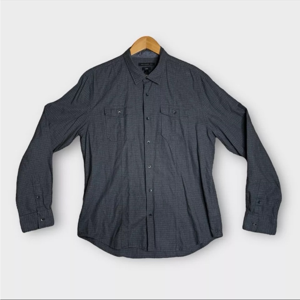 John Varvatos USA Luxe Shirt Mens Large Dark Gray Check Long Sleeve Button Up